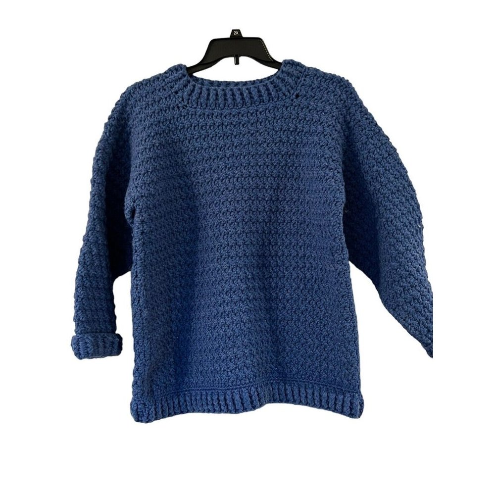 Sweater Women Hand Knit Thick Chunky Homemade Vtg Blue Winter Farm Christmas
